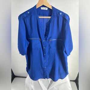 Calvin Klein blue zip up button up shirt